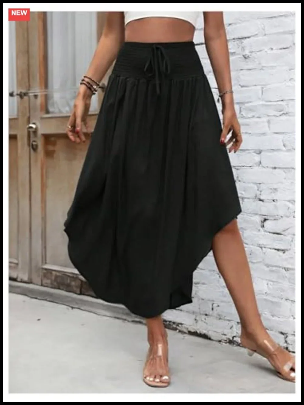 Asymmetrical Shirred Waist Maxi Skirt Long Flowy Beach Vacation